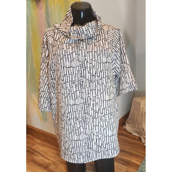 Cream Black Lagenlook Tunic Top Geometric Funnel Neck Oversized POCKETS bust 48 - Picture 1 of 8